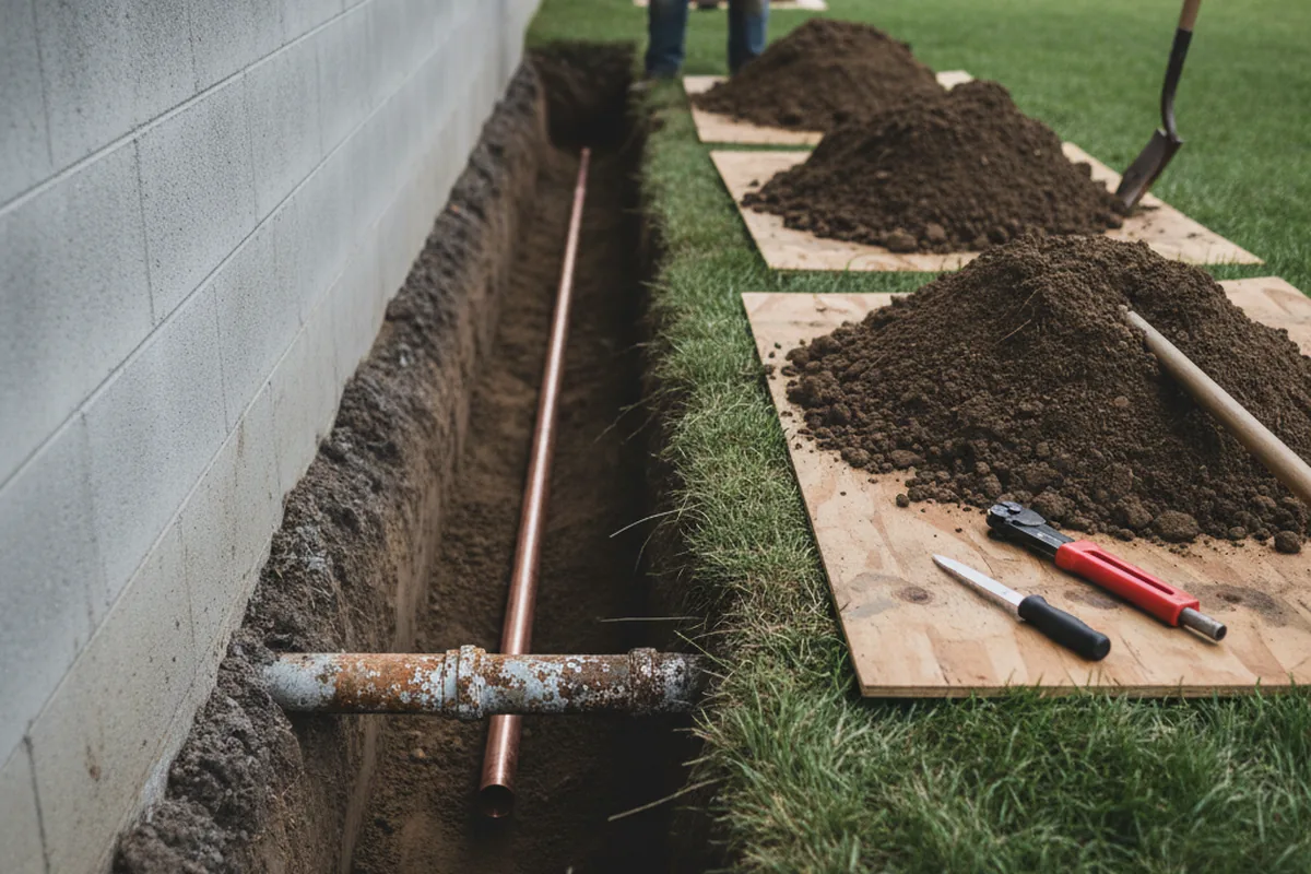 Excavated water line trench during Water Heater Repair in Sparland